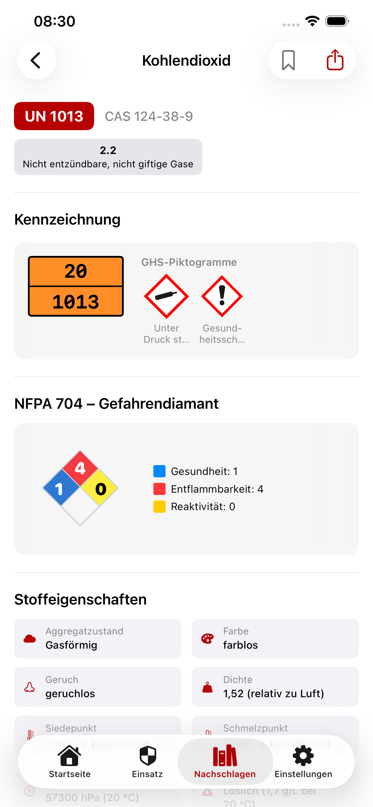 FireMind Einsatz App – Gefahrstoffdatenbank mit UN-Nummer, NFPA-Diamant und ERI-Cards